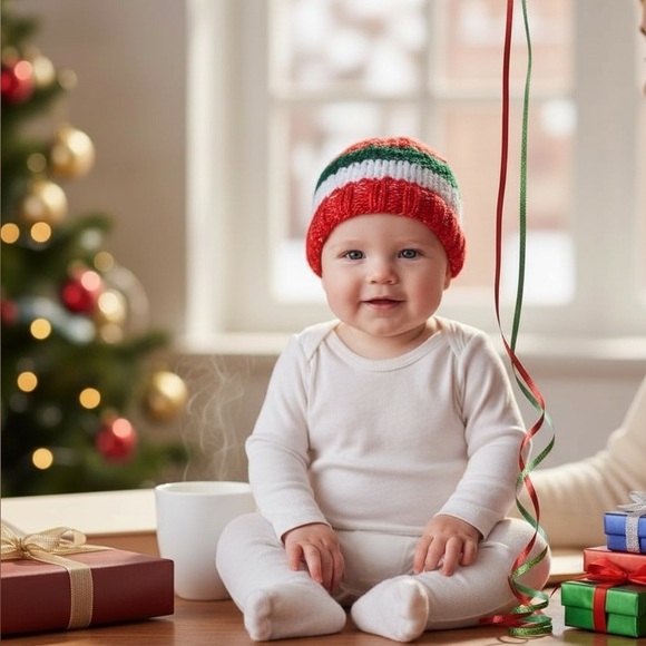 Beanie Baby Toddler Hand Crafted Christmas Hat Knit Red Green White - Picture 2 of 13